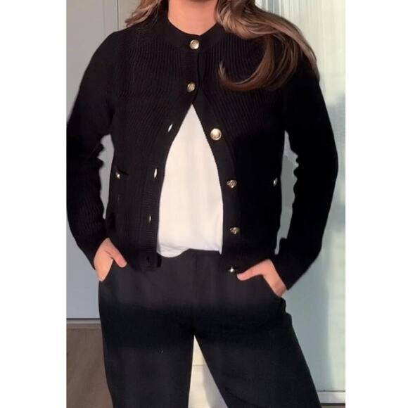 Sezane Madeline Merino Wool Blend Ribbed Gold Button Up Cardigan Black Size XS - Picture 1 of 8